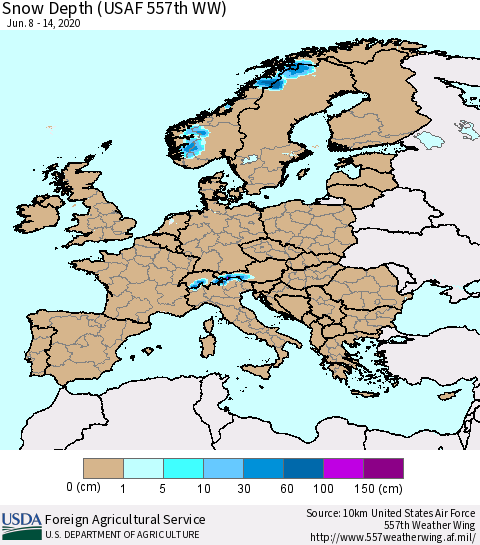Europe Snow Depth (USAF 557th WW) Thematic Map For 6/8/2020 - 6/14/2020