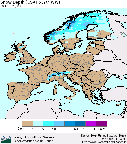 Europe Snow Depth (USAF 557th WW) Thematic Map For 10/19/2020 - 10/25/2020