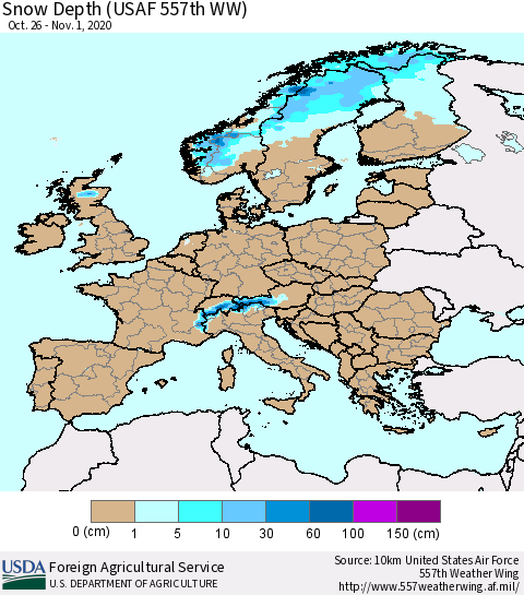 Europe Snow Depth (USAF 557th WW) Thematic Map For 10/26/2020 - 11/1/2020