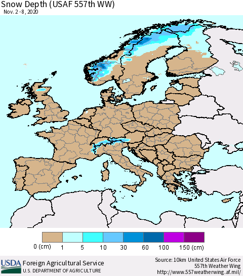 Europe Snow Depth (USAF 557th WW) Thematic Map For 11/2/2020 - 11/8/2020