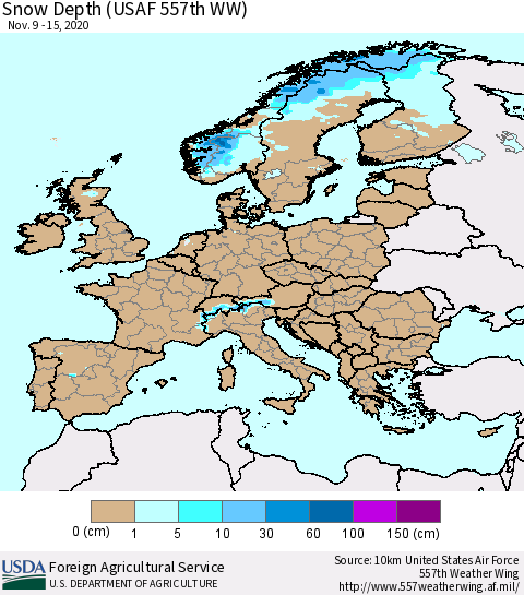 Europe Snow Depth (USAF 557th WW) Thematic Map For 11/9/2020 - 11/15/2020