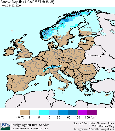 Europe Snow Depth (USAF 557th WW) Thematic Map For 11/16/2020 - 11/22/2020