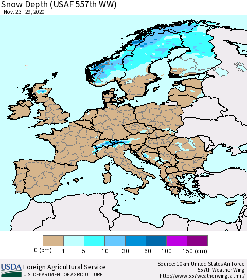 Europe Snow Depth (USAF 557th WW) Thematic Map For 11/23/2020 - 11/29/2020