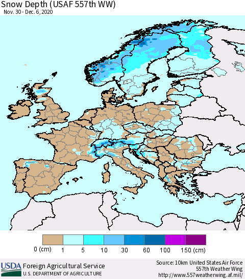 Europe Snow Depth (USAF 557th WW) Thematic Map For 11/30/2020 - 12/6/2020