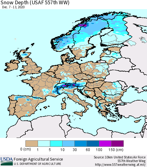 Europe Snow Depth (USAF 557th WW) Thematic Map For 12/7/2020 - 12/13/2020