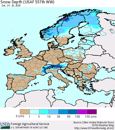 Europe Snow Depth (USAF 557th WW) Thematic Map For 12/14/2020 - 12/20/2020
