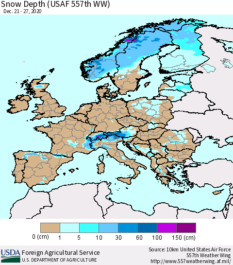Europe Snow Depth (USAF 557th WW) Thematic Map For 12/21/2020 - 12/27/2020