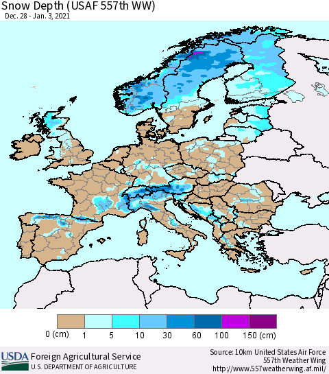 Europe Snow Depth (USAF 557th WW) Thematic Map For 12/28/2020 - 1/3/2021