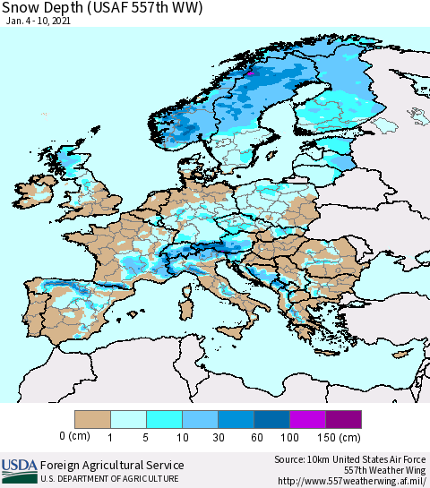 Europe Snow Depth (USAF 557th WW) Thematic Map For 1/4/2021 - 1/10/2021