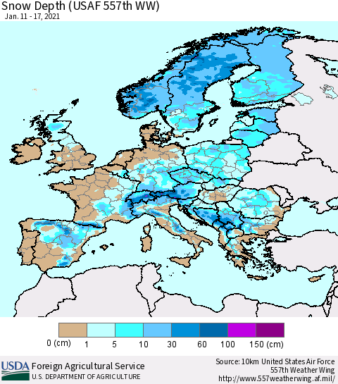Europe Snow Depth (USAF 557th WW) Thematic Map For 1/11/2021 - 1/17/2021