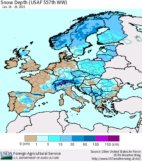 Europe Snow Depth (USAF 557th WW) Thematic Map For 1/18/2021 - 1/24/2021