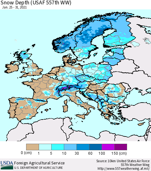Europe Snow Depth (USAF 557th WW) Thematic Map For 1/25/2021 - 1/31/2021