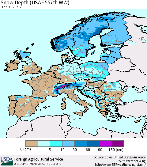 Europe Snow Depth (USAF 557th WW) Thematic Map For 2/1/2021 - 2/7/2021