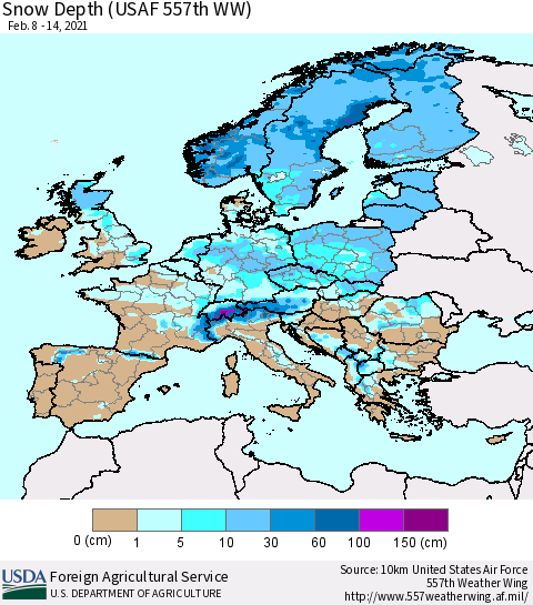 Europe Snow Depth (USAF 557th WW) Thematic Map For 2/8/2021 - 2/14/2021