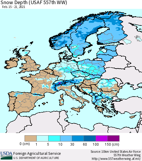 Europe Snow Depth (USAF 557th WW) Thematic Map For 2/15/2021 - 2/21/2021