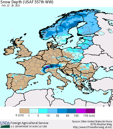 Europe Snow Depth (USAF 557th WW) Thematic Map For 2/22/2021 - 2/28/2021