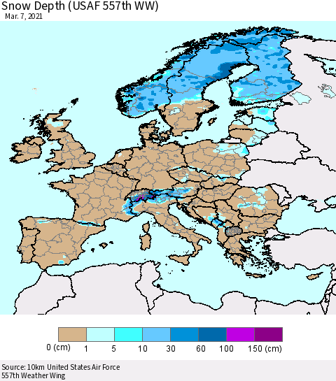 Europe Snow Depth (USAF 557th WW) Thematic Map For 3/1/2021 - 3/7/2021