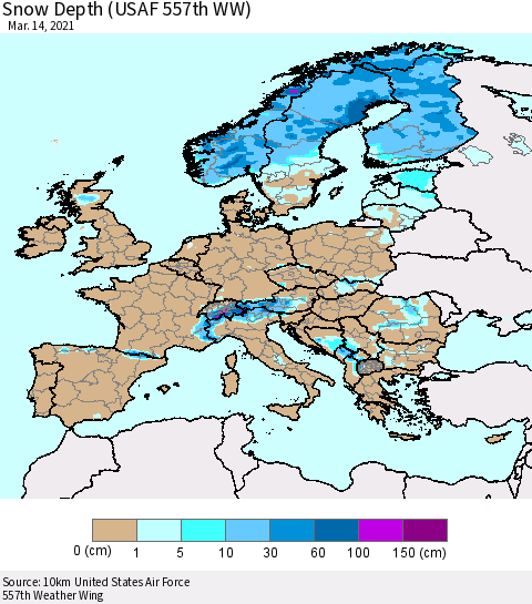 Europe Snow Depth (USAF 557th WW) Thematic Map For 3/8/2021 - 3/14/2021