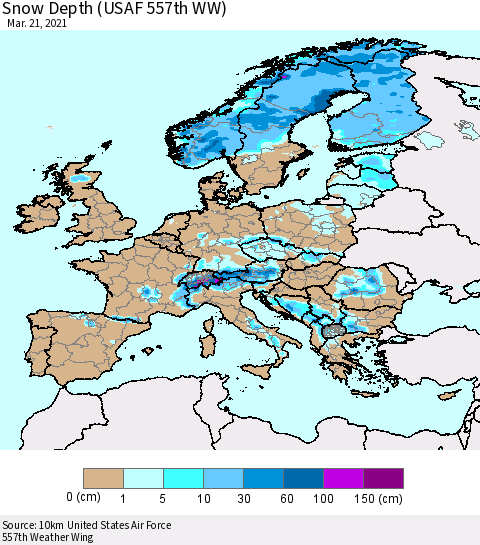 Europe Snow Depth (USAF 557th WW) Thematic Map For 3/15/2021 - 3/21/2021