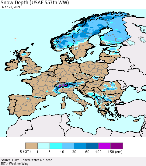 Europe Snow Depth (USAF 557th WW) Thematic Map For 3/22/2021 - 3/28/2021