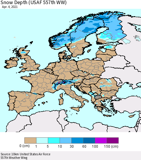 Europe Snow Depth (USAF 557th WW) Thematic Map For 3/29/2021 - 4/4/2021