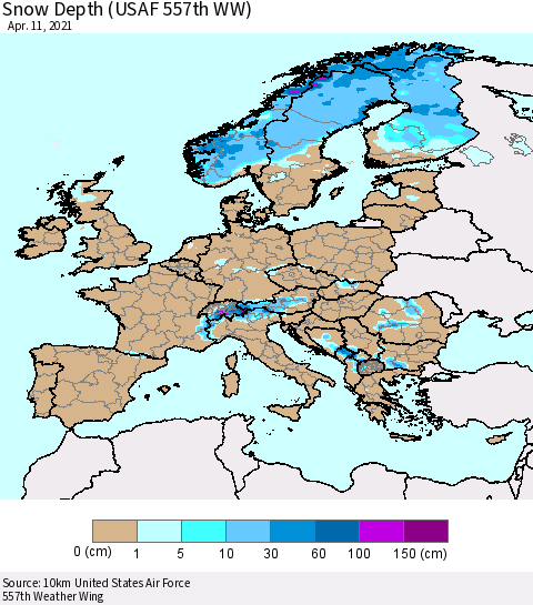 Europe Snow Depth (USAF 557th WW) Thematic Map For 4/5/2021 - 4/11/2021