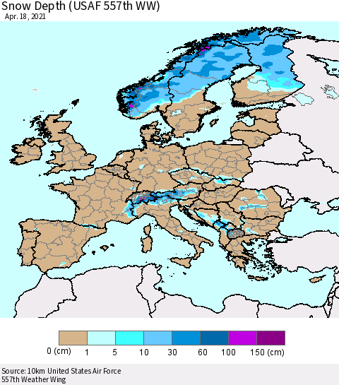 Europe Snow Depth (USAF 557th WW) Thematic Map For 4/12/2021 - 4/18/2021