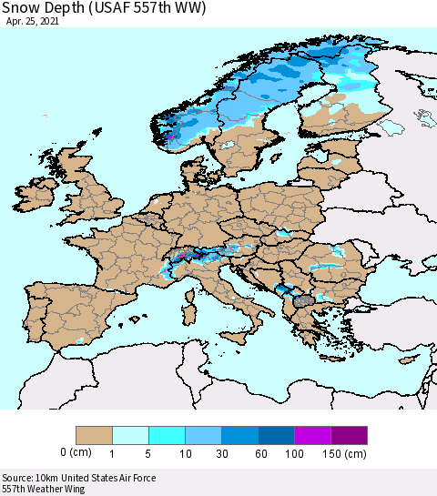 Europe Snow Depth (USAF 557th WW) Thematic Map For 4/19/2021 - 4/25/2021