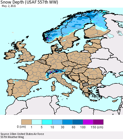 Europe Snow Depth (USAF 557th WW) Thematic Map For 4/26/2021 - 5/2/2021
