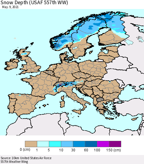 Europe Snow Depth (USAF 557th WW) Thematic Map For 5/3/2021 - 5/9/2021