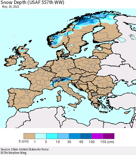 Europe Snow Depth (USAF 557th WW) Thematic Map For 5/10/2021 - 5/16/2021