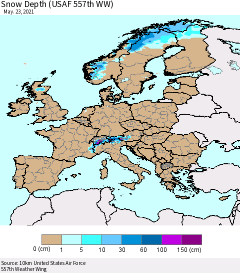 Europe Snow Depth (USAF 557th WW) Thematic Map For 5/17/2021 - 5/23/2021