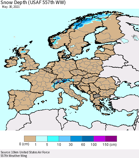 Europe Snow Depth (USAF 557th WW) Thematic Map For 5/24/2021 - 5/30/2021