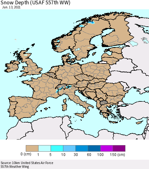 Europe Snow Depth (USAF 557th WW) Thematic Map For 6/7/2021 - 6/13/2021
