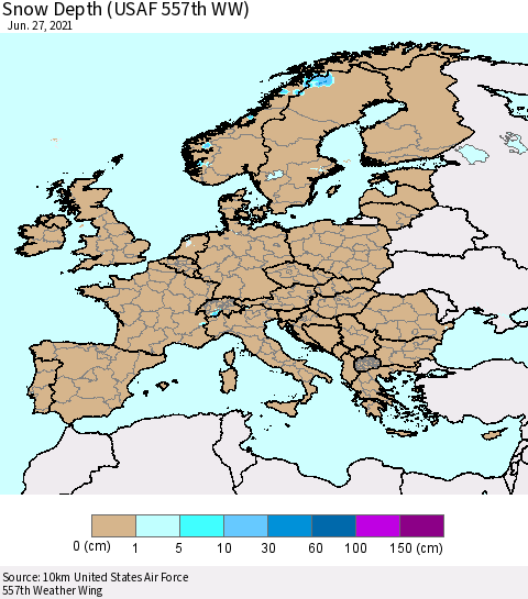 Europe Snow Depth (USAF 557th WW) Thematic Map For 6/21/2021 - 6/27/2021