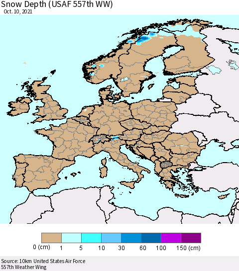 Europe Snow Depth (USAF 557th WW) Thematic Map For 10/4/2021 - 10/10/2021