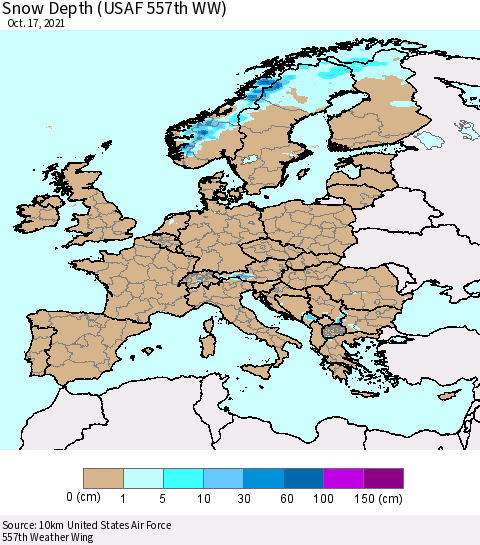 Europe Snow Depth (USAF 557th WW) Thematic Map For 10/11/2021 - 10/17/2021