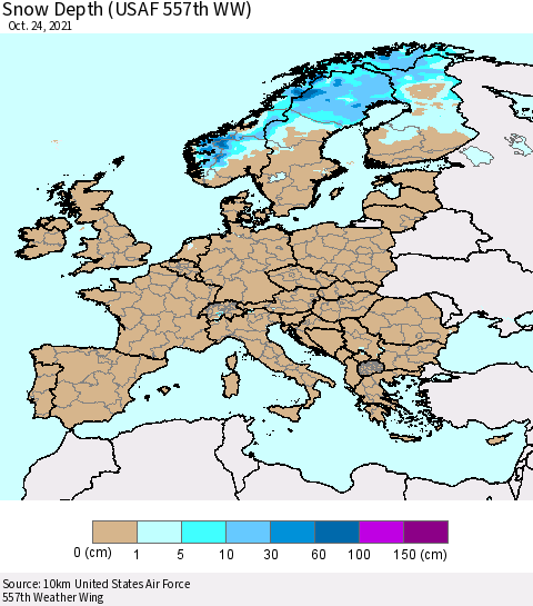 Europe Snow Depth (USAF 557th WW) Thematic Map For 10/18/2021 - 10/24/2021