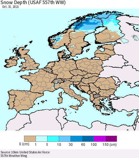 Europe Snow Depth (USAF 557th WW) Thematic Map For 10/25/2021 - 10/31/2021