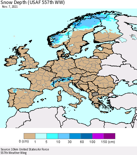 Europe Snow Depth (USAF 557th WW) Thematic Map For 11/1/2021 - 11/7/2021