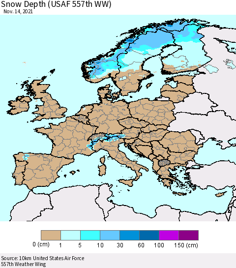 Europe Snow Depth (USAF 557th WW) Thematic Map For 11/8/2021 - 11/14/2021