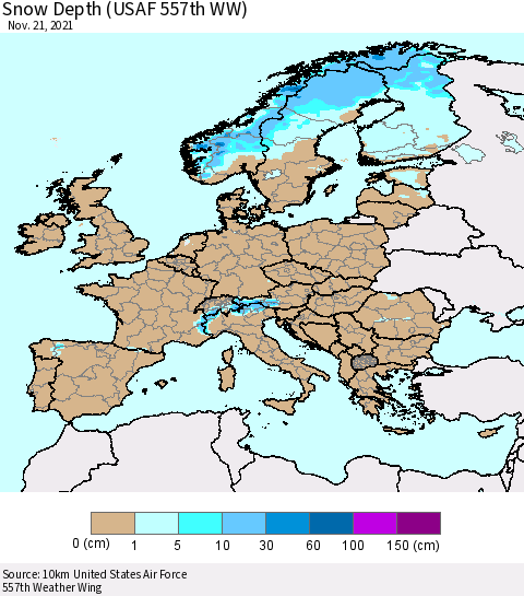 Europe Snow Depth (USAF 557th WW) Thematic Map For 11/15/2021 - 11/21/2021