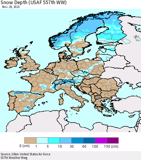Europe Snow Depth (USAF 557th WW) Thematic Map For 11/22/2021 - 11/28/2021