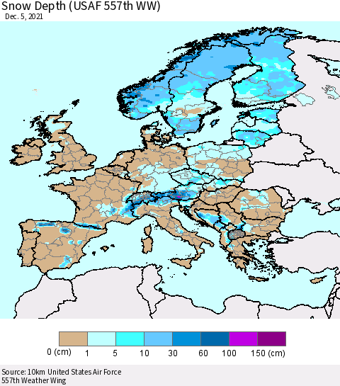 Europe Snow Depth (USAF 557th WW) Thematic Map For 11/29/2021 - 12/5/2021