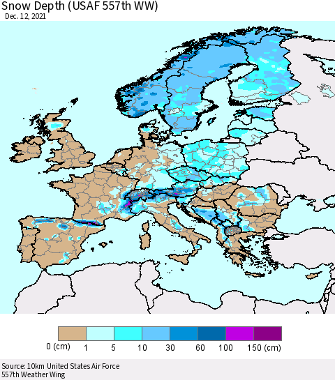 Europe Snow Depth (USAF 557th WW) Thematic Map For 12/6/2021 - 12/12/2021