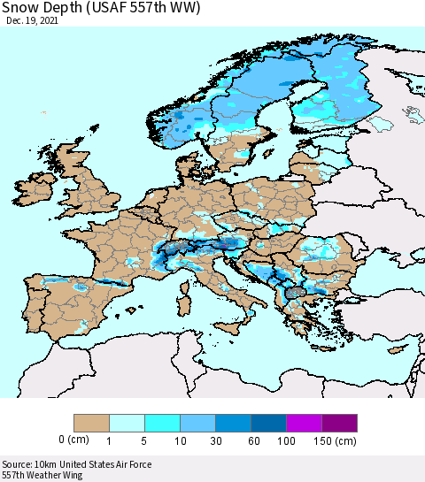 Europe Snow Depth (USAF 557th WW) Thematic Map For 12/13/2021 - 12/19/2021