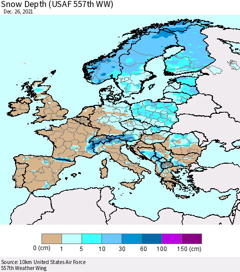 Europe Snow Depth (USAF 557th WW) Thematic Map For 12/20/2021 - 12/26/2021