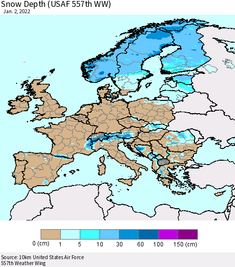 Europe Snow Depth (USAF 557th WW) Thematic Map For 12/27/2021 - 1/2/2022