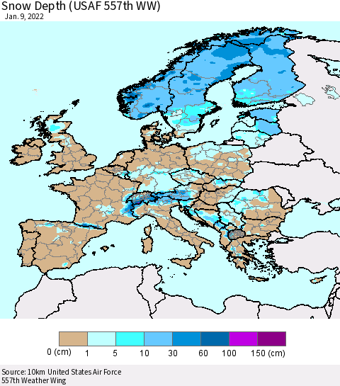 Europe Snow Depth (USAF 557th WW) Thematic Map For 1/3/2022 - 1/9/2022