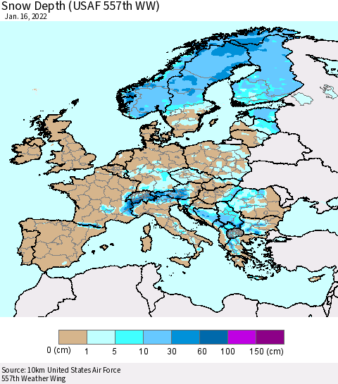 Europe Snow Depth (USAF 557th WW) Thematic Map For 1/10/2022 - 1/16/2022